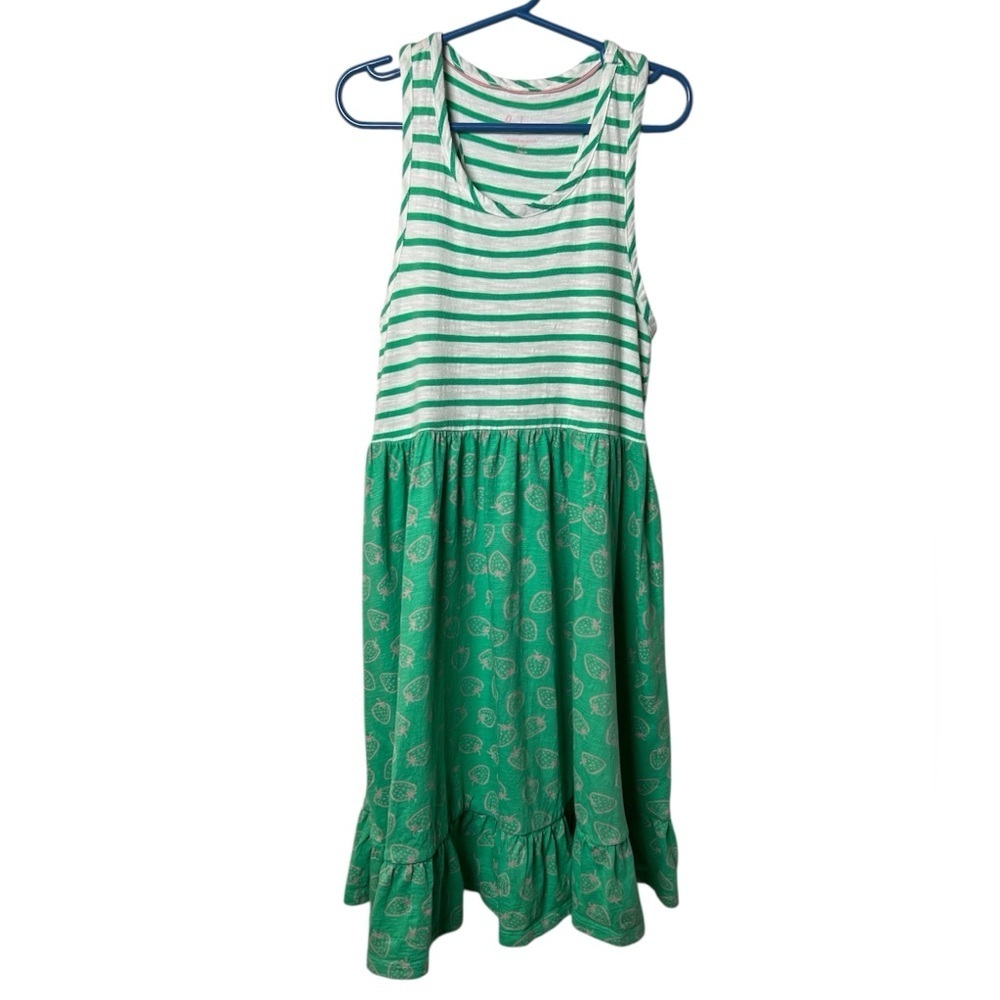 Boden Dress Strawberry Print Green and White Striped Girls 8-9Y